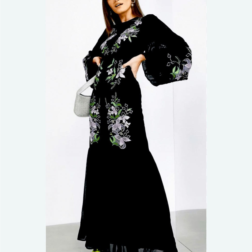 NWT ASOS Edition Black Tiered Maxi with Floral Embroidery